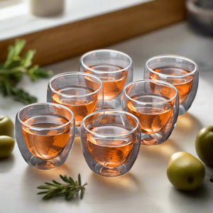 Set of clear glass cups filled with a amber liquid on a dark wooden surface